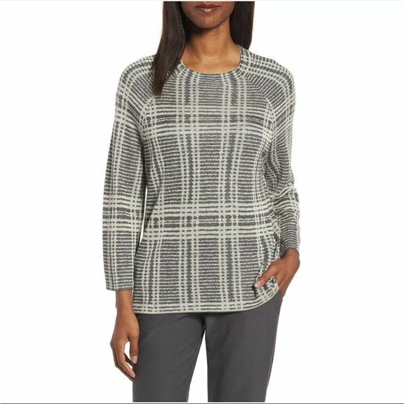 EILEEN FISHER Ash Gray Sleek Tencel Merino Wool Plaid Knit Boxy Sweater Large - Picture 1 of 10